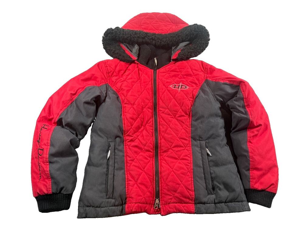 Y2K 2006 Harley-Davidson Women’s Small Red Black Quilted Jacket Removable Hood